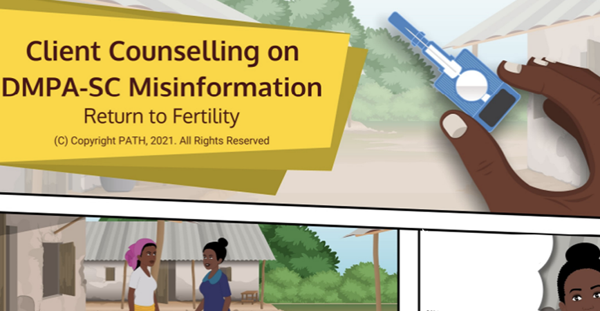 Comic strip illustrating DMPA-SC contraceptive counselling scenario
